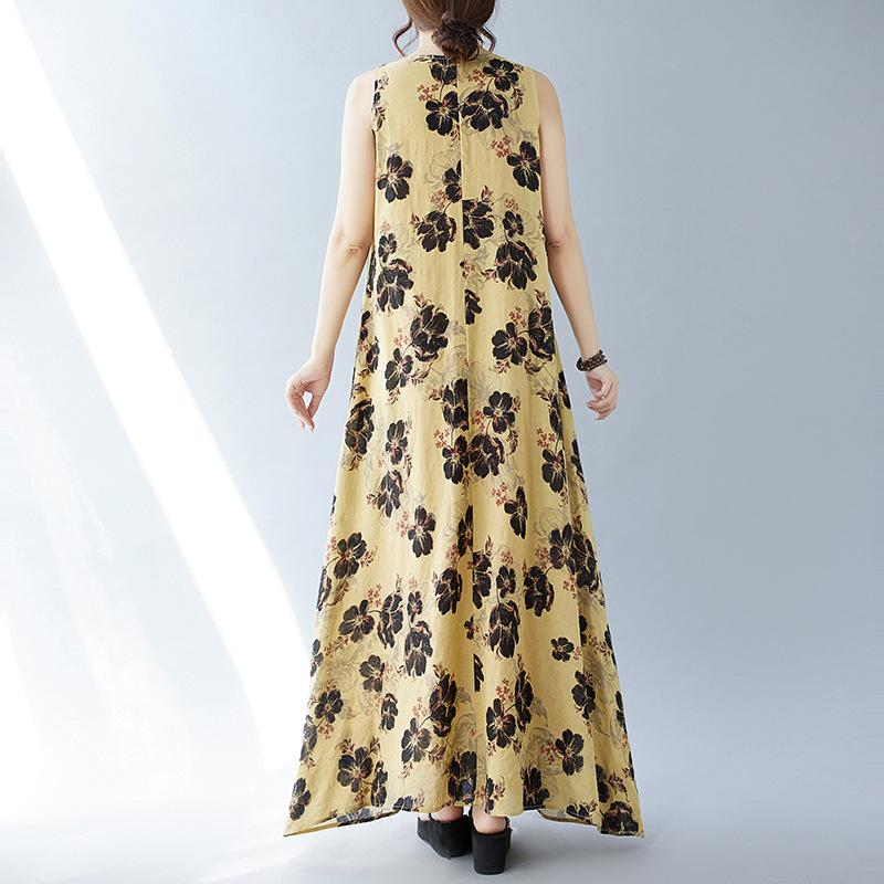 Летнее свободное платье без рукавов с круглым вырезом и принтом средней длины для женщин, повседневные платья