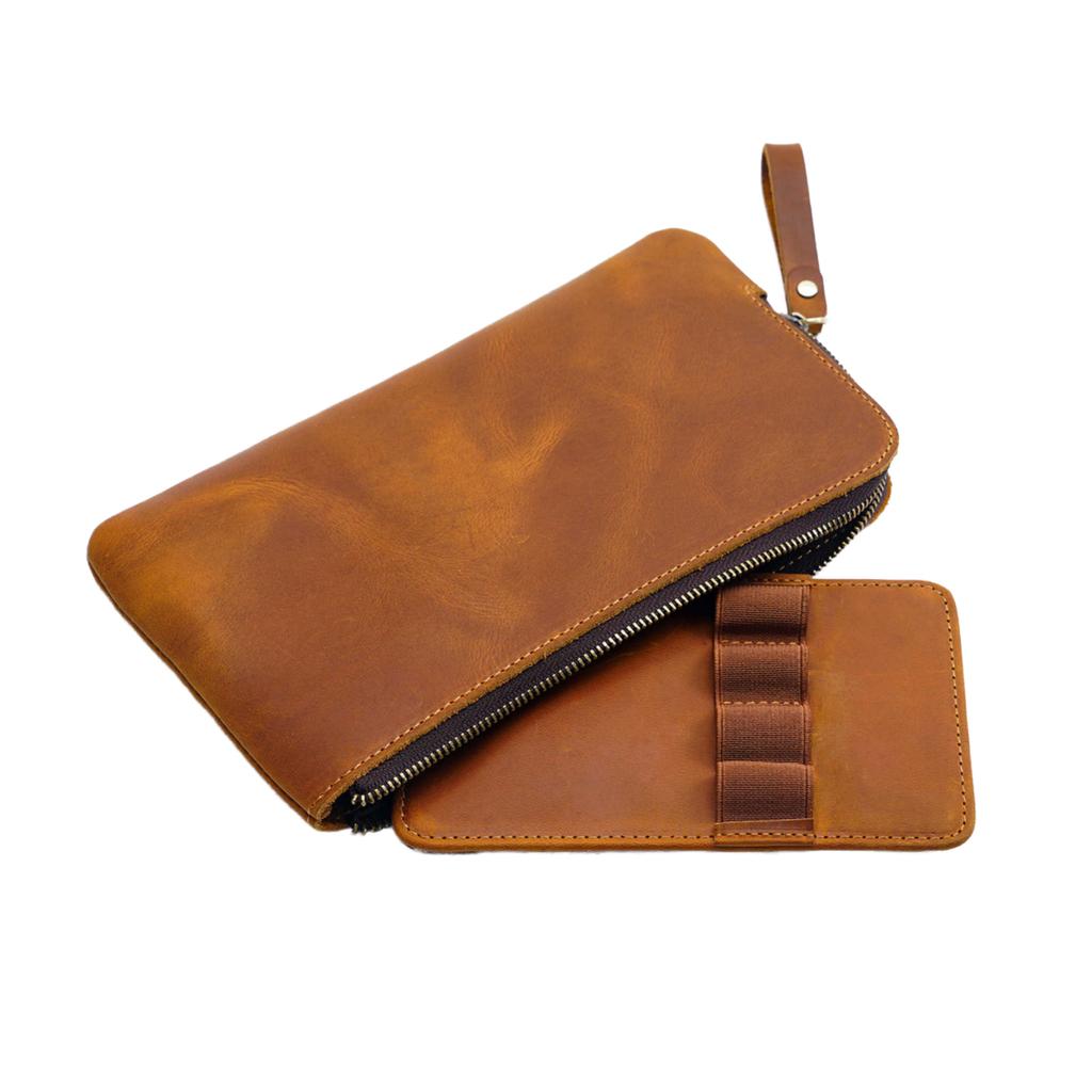 Crazy Horse Leather Zipper Pen Bag Large Capacity Multi-Function Storage Case with Removable Pencil Case