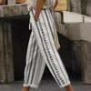 Women Harem Pants Elastic Waist Drawstring Geometric Pattern Beach Trousers with Pockets Loose Fit Thin Casual Pants