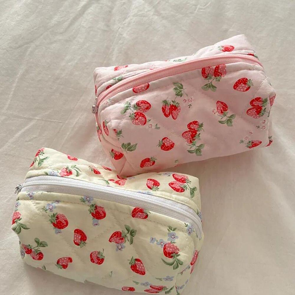 Flower StrawberryPrinted Floral Puffy Quilted Makeup Bag Toiletry Handbag for Women Girls