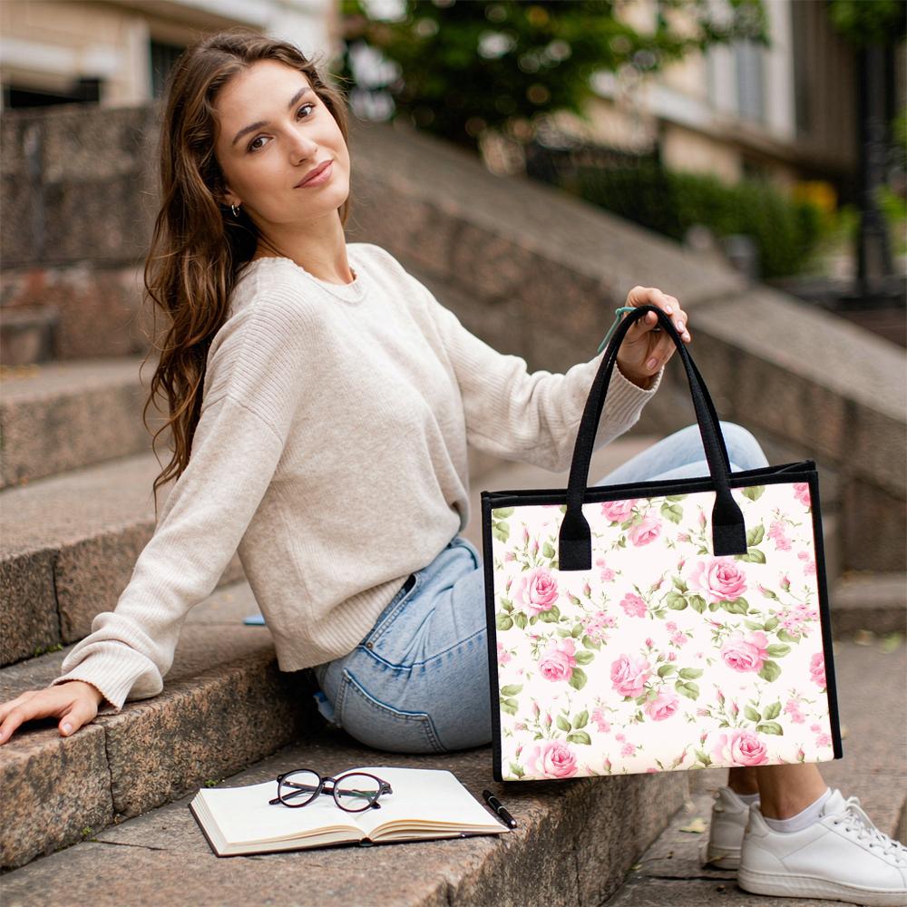 Elegant Pink Rose Print Tote Bag Fashion Casual Large Capacity Portable Canvas Handbag for Daily Shopping
