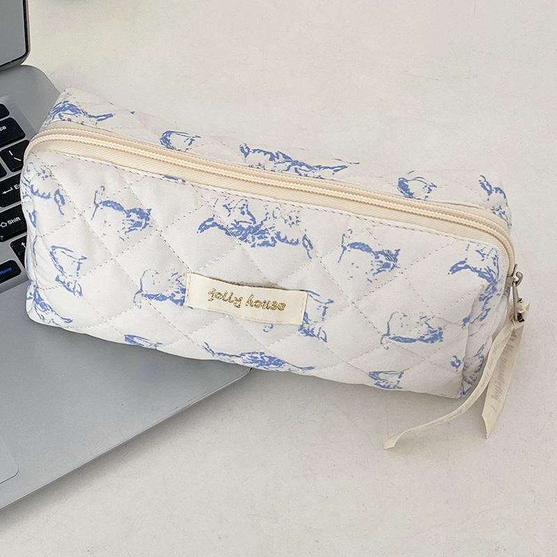 Chic Floral Pencil Case Student Girl Aesthetic Vintage Flower Strawberry Cat Pencil Bag High Capacity Stationery Storage Bag