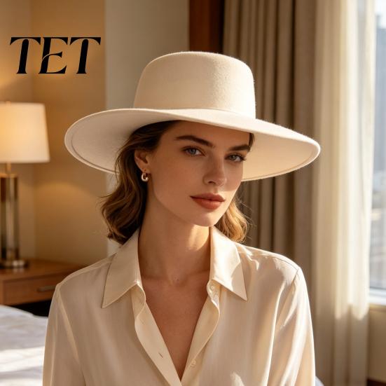 Chic Vacation Travel Hat Flat Top Fedora Hat, Wool Blend Derby Cap, Retro Jazz Polyester Warm Winter Cap Wide Brim Felt for Women, Events & Daily Wear