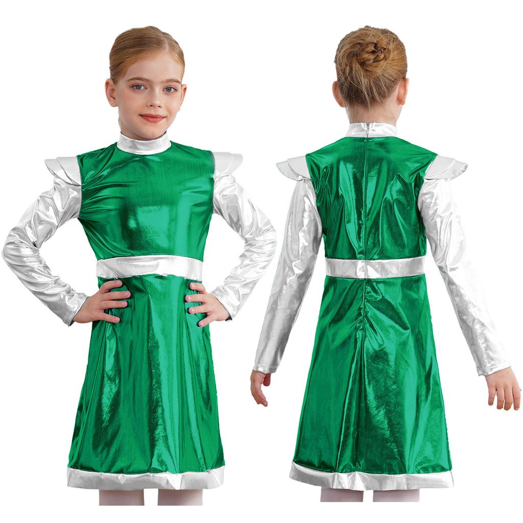 Костюм Космическая Милашка для Девочки: Мерцающее Пэчворк-платье с инопланетным дизайном из ПУ для Хэллоуина и Sci-Fi Ролевых Вечеринок