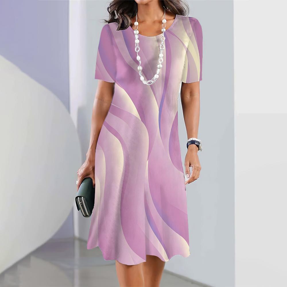 Летняя женская одежда Свободная юбка А-силуэта с короткими рукавами Стильное платье с 3D-нерегулярным принтом Женская одежда Платья с круглым воротником