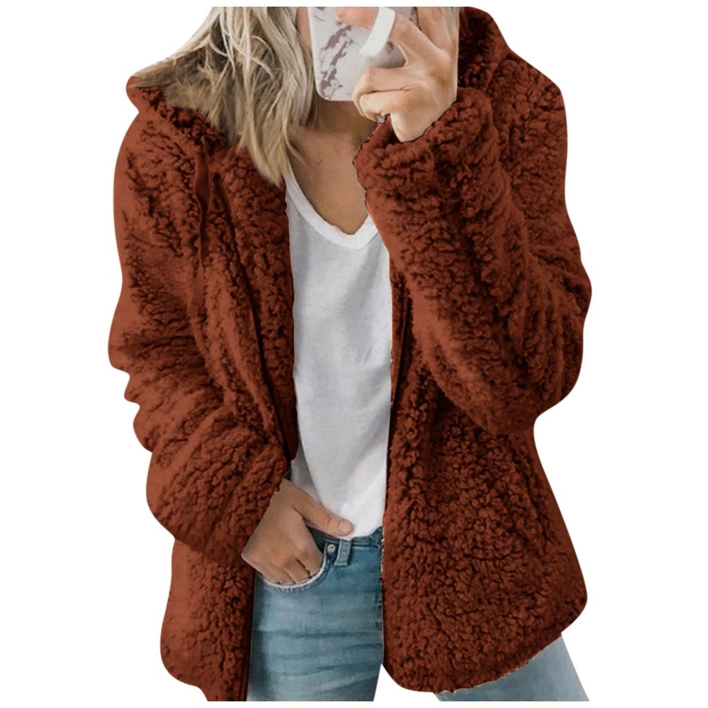 Женская мода сплошной цвет куртка с длинным рукавом на молнии с капюшоном плюшевое пальто