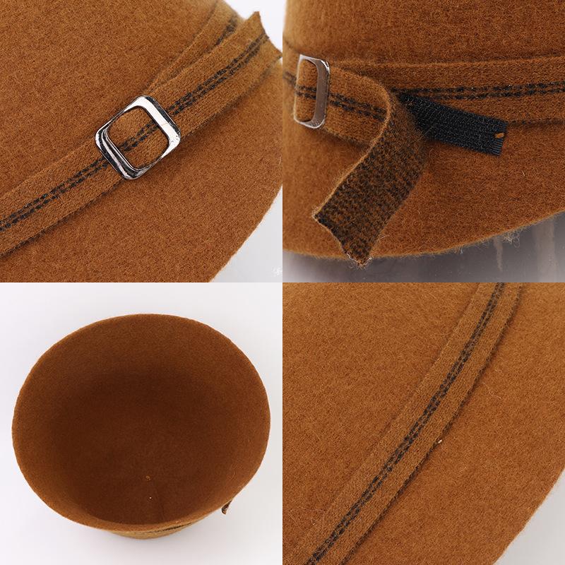 Autumn Winter New Pure Color Equestrian Hat High Quality All Wool Fisherman Hat Hat Women Fashion Metal Buckle Warm Hat