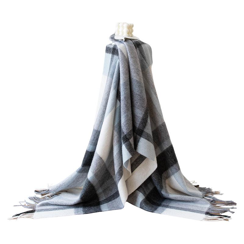 Pure Wool Scarf Women's Autumn and Winter New Versatile Warm Scarf Blue and Gray Large Plaid Shawl