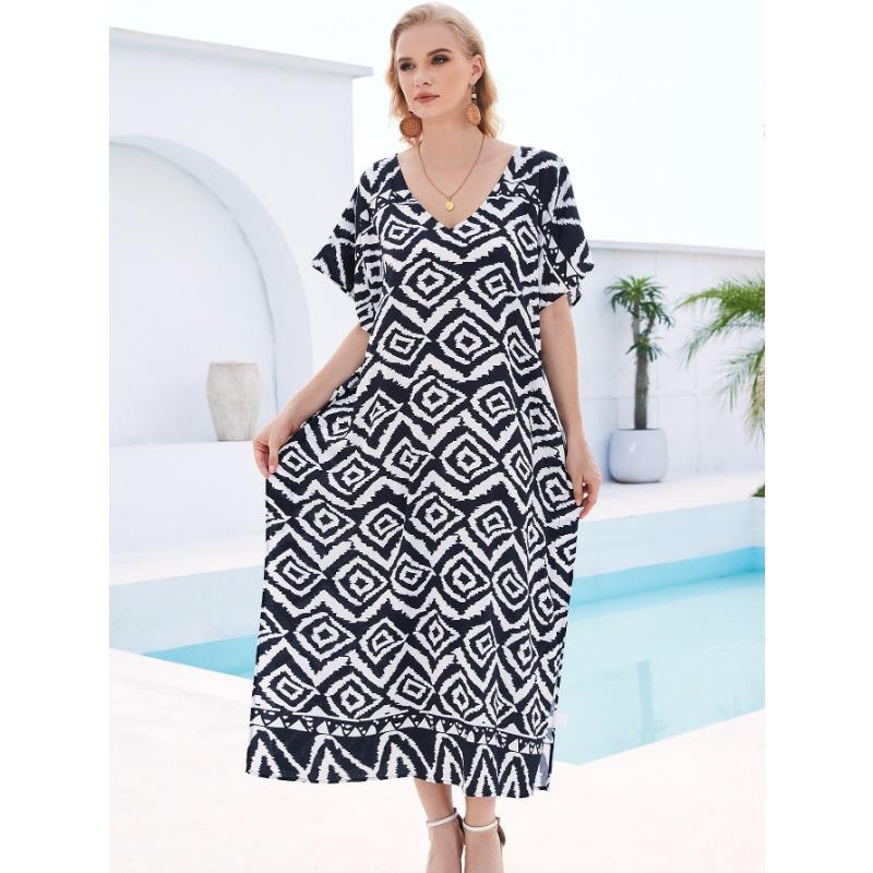 Плюс Размер Женщин Пляжный Принт Свободное Платье Накидка