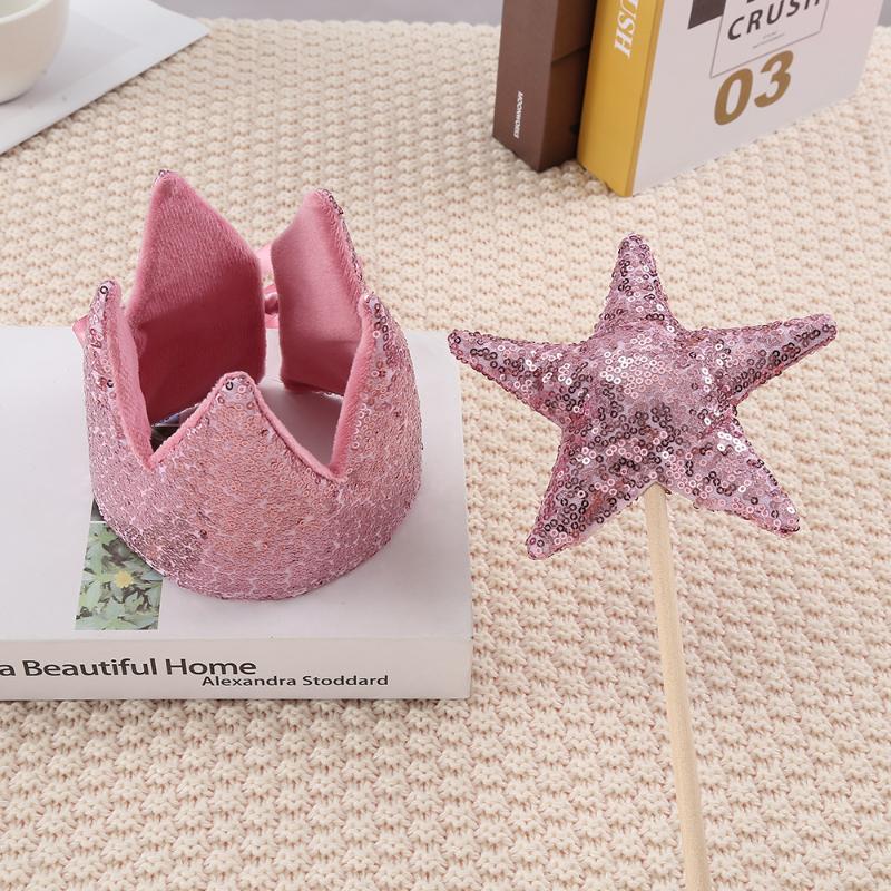 Ins Baby Shower Girl Glitter Pink Crown Boy Birthday Party Headwear Stage Performance Headband Star Fairy Stick