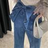 Y2k Bow Pleat Women Flared Jeans Pants Wide Leg Straight High Waist Woman's Denim Trousers Dragging Distressed High Street Pants