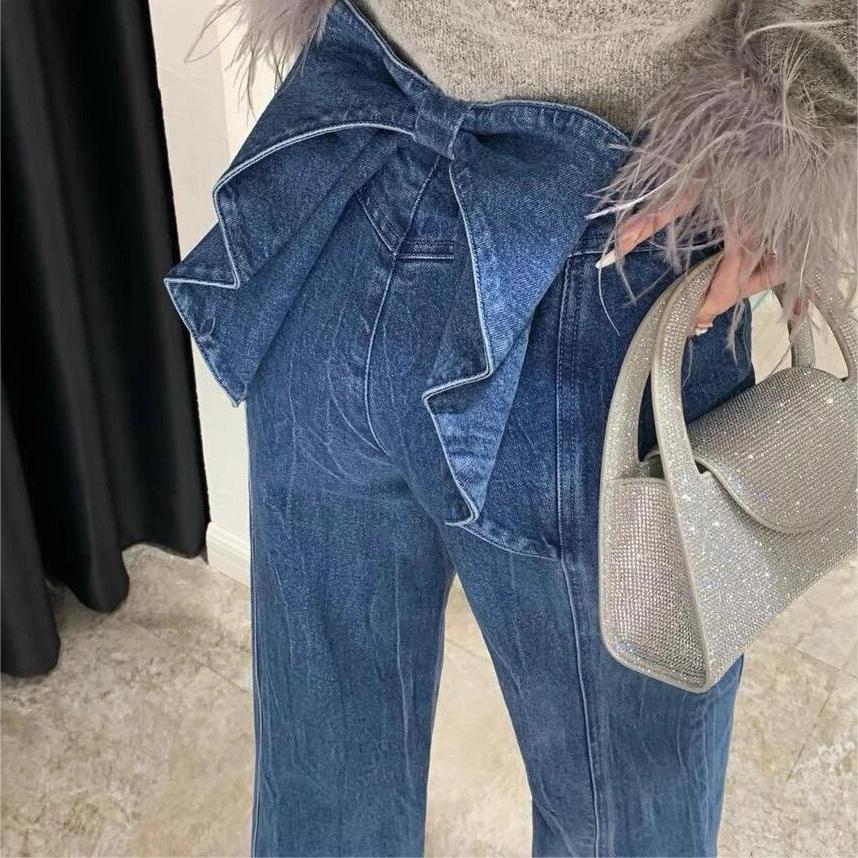 Y2k Bow Pleat Women Flared Jeans Pants Wide Leg Straight High Waist Woman's Denim Trousers Dragging Distressed High Street Pants