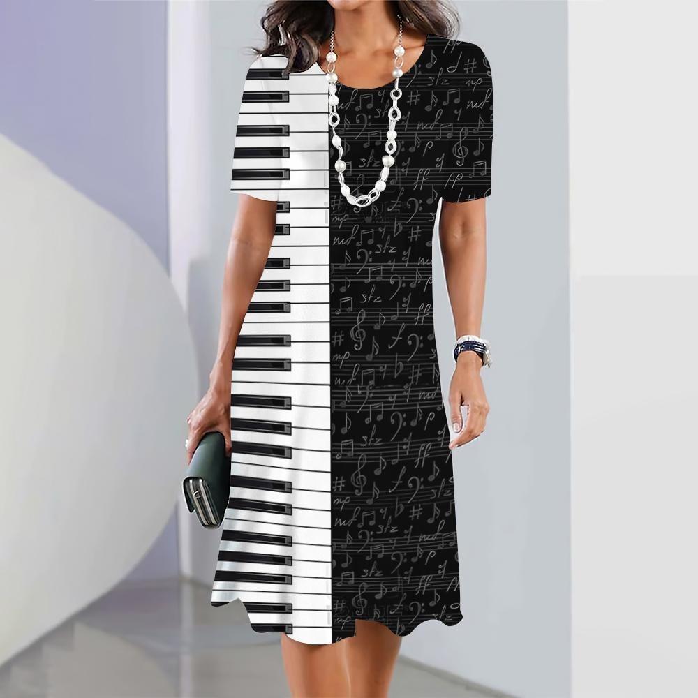 Черно-белый принт с музыкальными нотами, летнее новое женское платье, элегантное платье, женское модное платье миди, большие размеры для женщин
