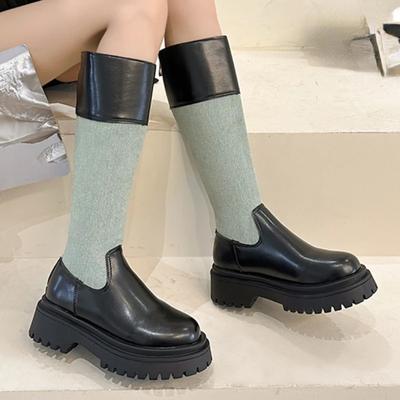Модная обувь для женщин 2024 года, женские сапоги до колена, современные сапоги на платформе, женские туфли с круглым носком, молния сзади, разноцветные, средний каблук