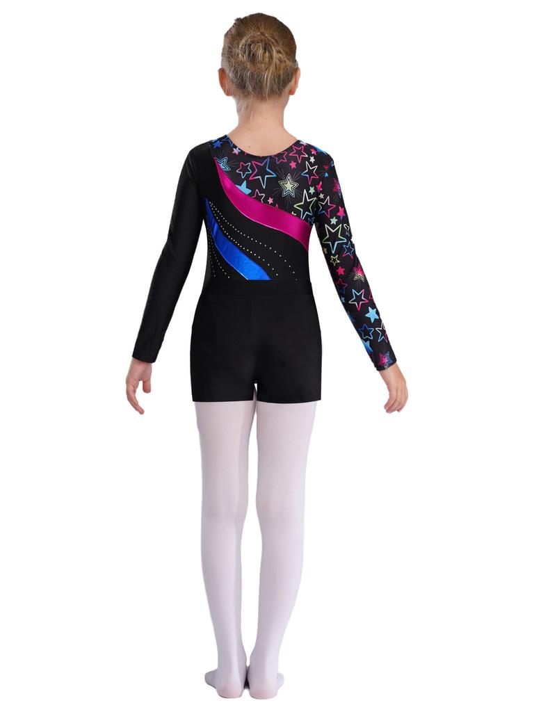 Девочки купальник с длинным рукавом и стразами, принтованный пэчворк с V-образным вырезом спереди, шорты, танцевальный комплект