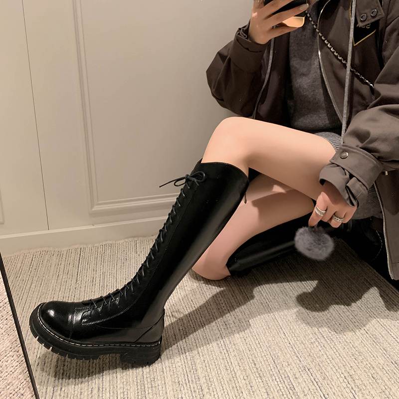 Krazing Pot Осенне-зимняя обувь из натуральной кожи, конные сапоги на среднем каблуке в европейском дизайне, женские теплые сапоги до бедра