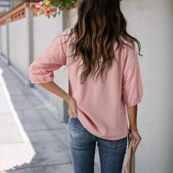 Женская футболка с V-образным вырезом, жаккардовым декором, рукавами 3/4, пуловер, однотонный, свободного кроя, для вечеринки и повседневной носки