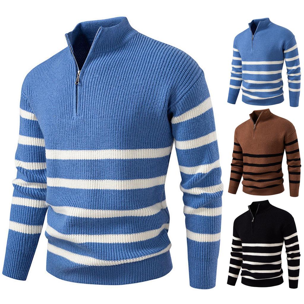 Men's Round Neck Striped Colorblock Sweater Sweater Half Zip Stand Collar Inner Slim Pullover Sweater