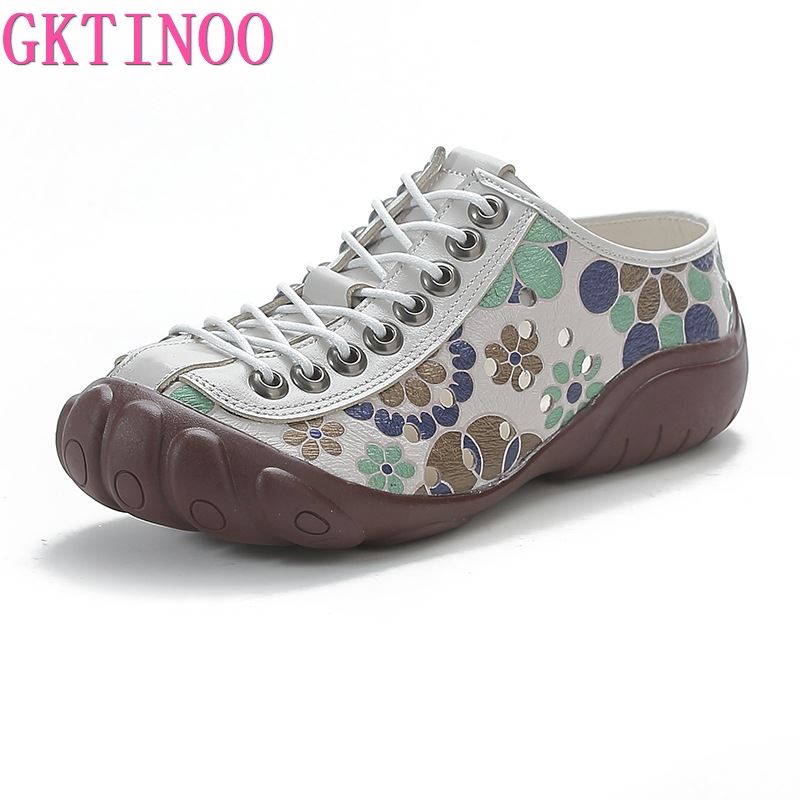 Модные балетки GKTINOO из натуральной кожи, женские кроссовки с перфорацией, на шнуровке, с круглым носком, новинка лета 2025, лаконичная повседневная ретро обувь ручной работы для женщин