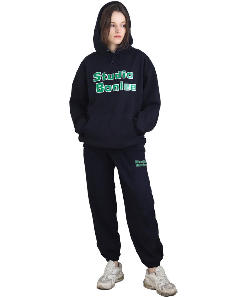 BONIEE [Fleece Lined] Small Block Typo Jogger Elastic Pants Navy