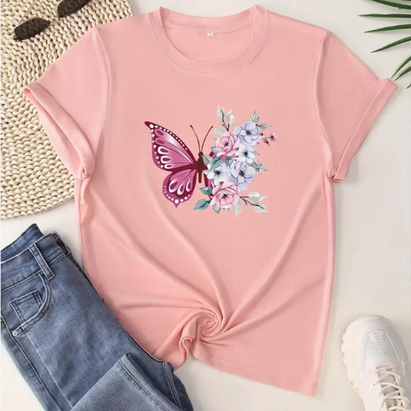 Butterfly & Floral Sprint Crew Neck T-shirt Casual Short Sleeve T-shirt For Spring & Summer Women's Clothing