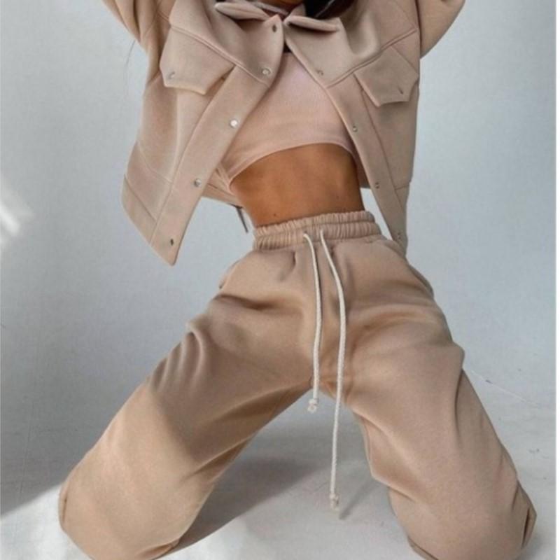 Однотонный женский комплект из двух предметов, модный свитшот с длинными рукавами, пальто на пуговицах с лацканами и брюки, спортивный костюм, осенне-зимний повседневный комплект для женщин