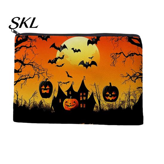Spill-proof Zippered Travel Bag Halloween Storage Bag, with Pumpkin Ghost Print, Durable Canvas Castle Makeup Pouch Large Capacity Pouch, for
