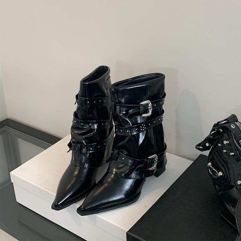 Miting Fashion Trouser Boots 2025 Autumn and Winter New Pointed High Heel Temperament Sleeve Rivet Belt Buckle Fashion Short Boots