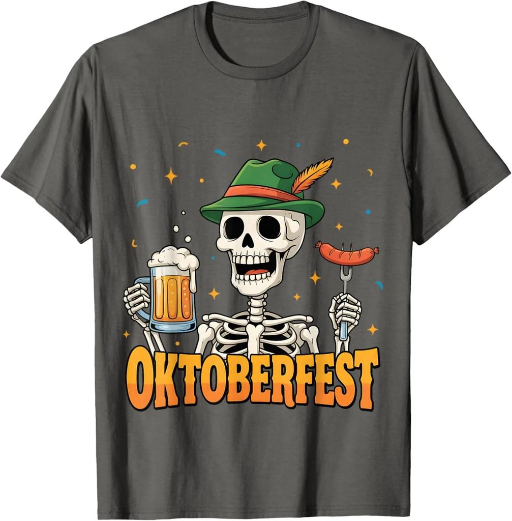 Oktoberfest Skeleton Drinking Beer Sausage Graphic Tee Funny Halloween Unisex TShirt