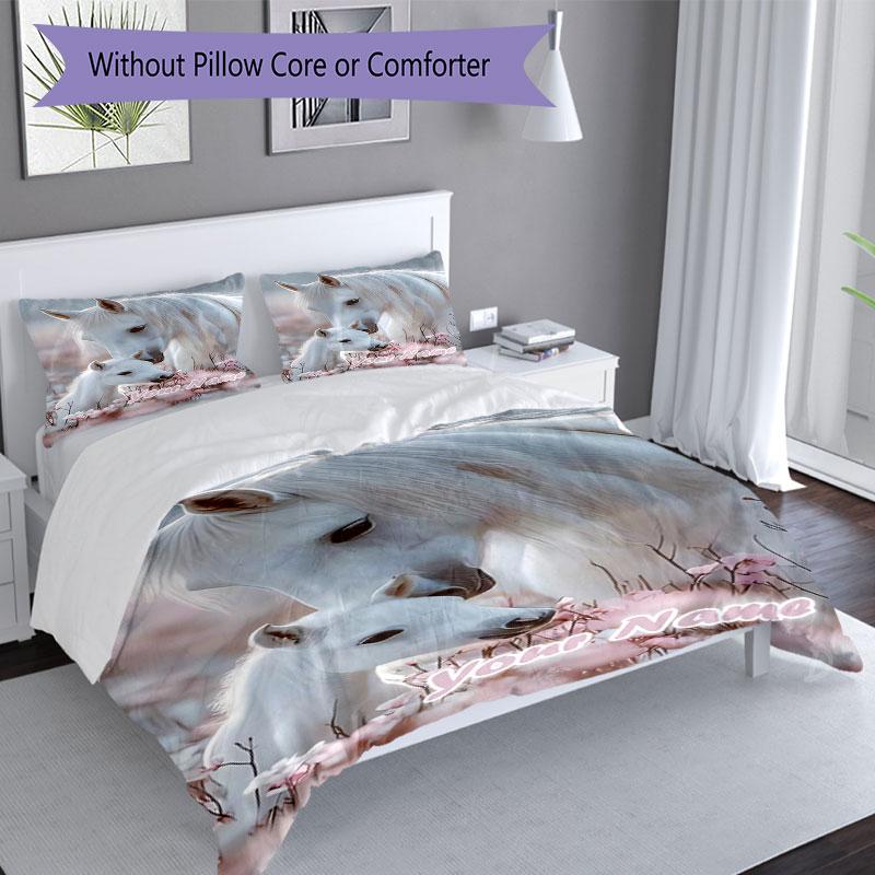 3PC Custom Name White Horse Family Bedding Set Printed Bedding Set Duvet Cover Closure Includes 1 Duvet Cover & 2 Pillowcases for All Seasons Bedroom