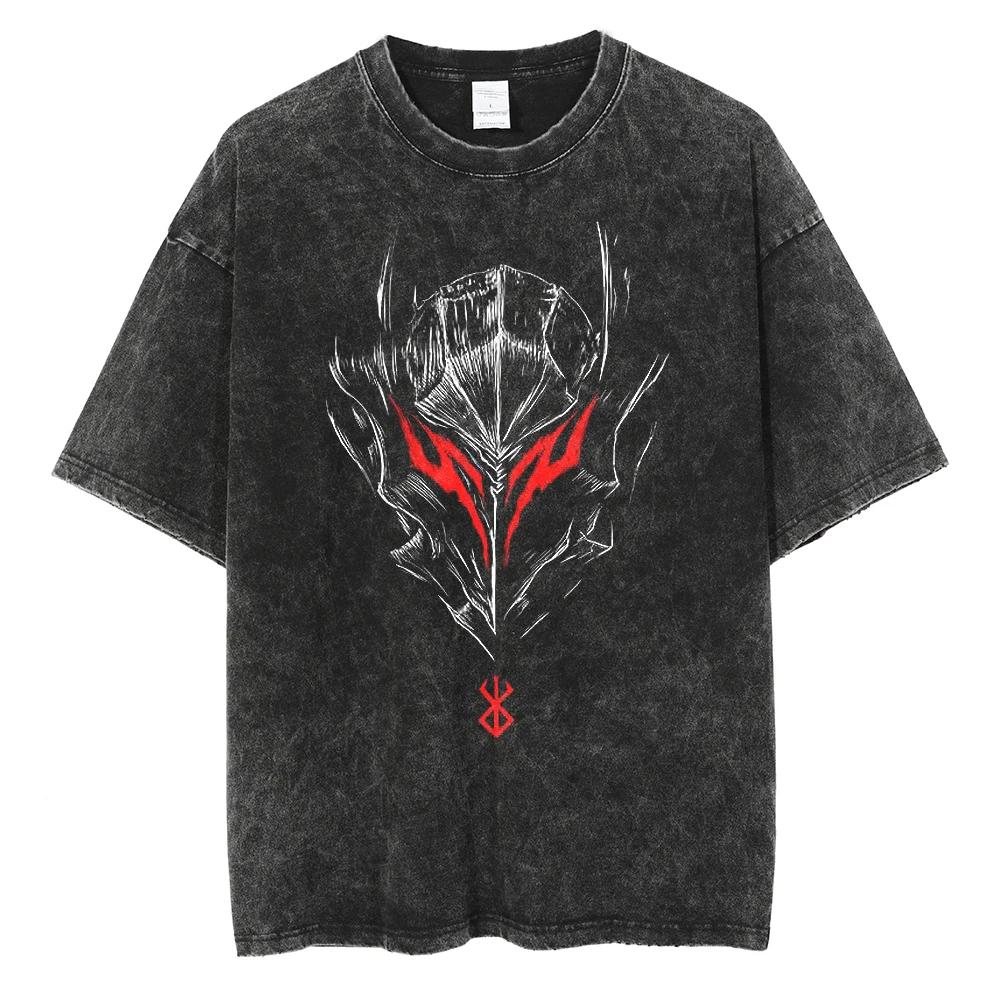 Men Harajuku Black Washed T-Shirt Streetwear Japan Anime Graphic Cotton Casual Tshirt Summer Short Sleeve Tops T Shirt