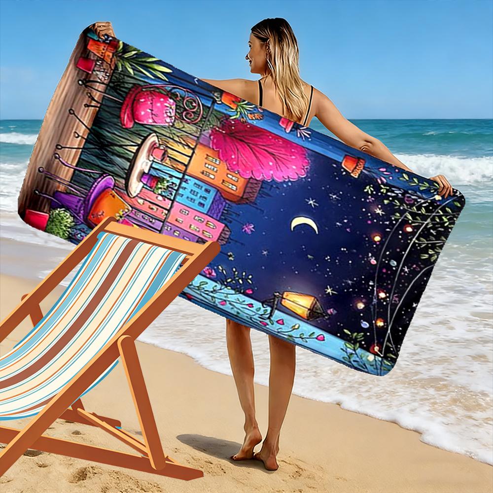 Cozy Balcony Night Scene with Lanterns Beach towel quick-drying for travel outdoor sports jogging beach and swimming