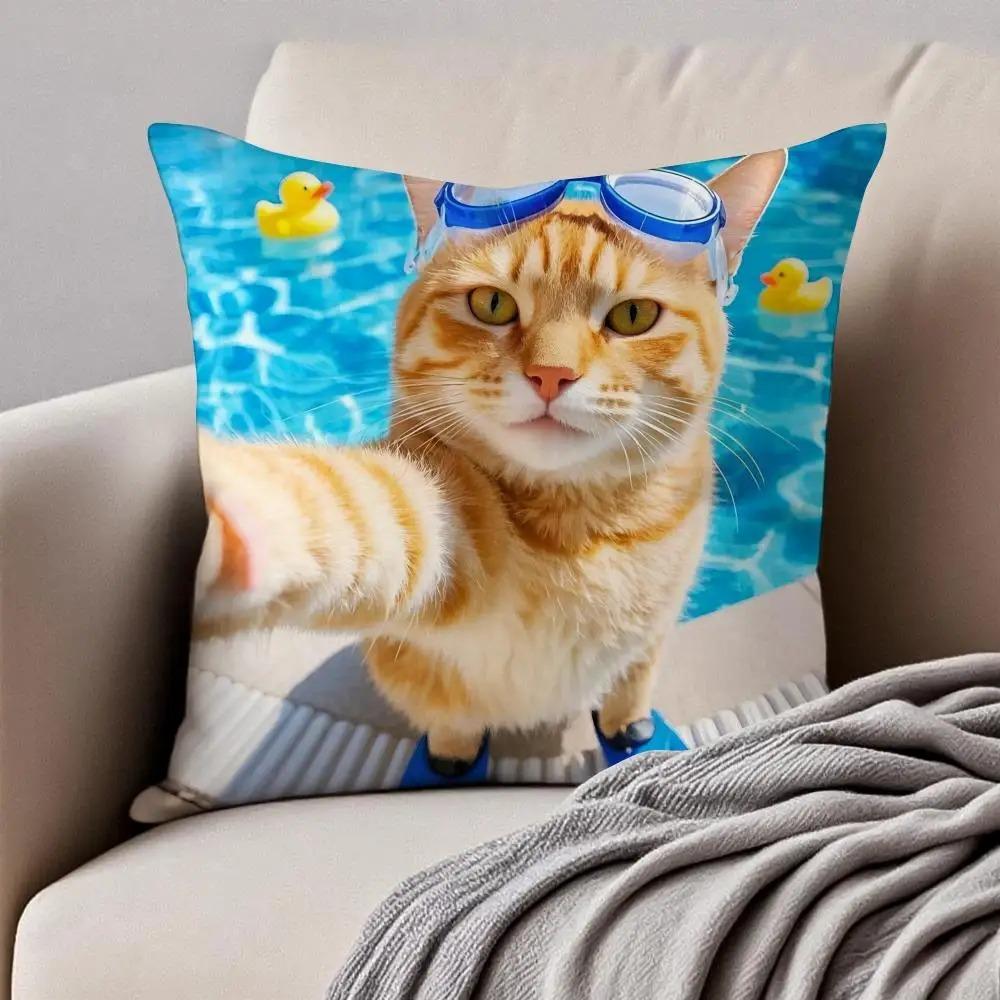 Funny Orange Cat Swimming Pool Peach Skin Pillowcase D Flat Printed Cute Kitten Cushion Cover Sofa Bed Living Room Home Decor