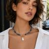 New European and American Style Freshwater Pearl Pendant Necklace for Women, Featuring Baroque Pearls, Natural Crushed Stone, and a Blue Patterned