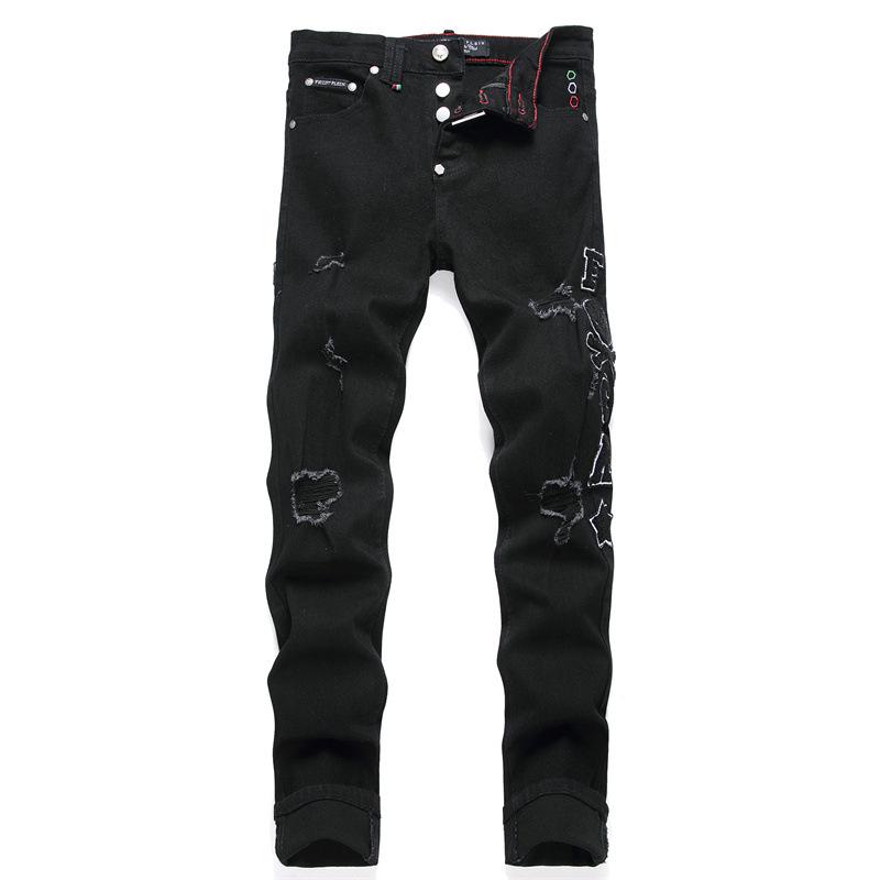 2024 г. Узкие черные вышитые джинсы-скинни для мужчин в стиле панк-стиля