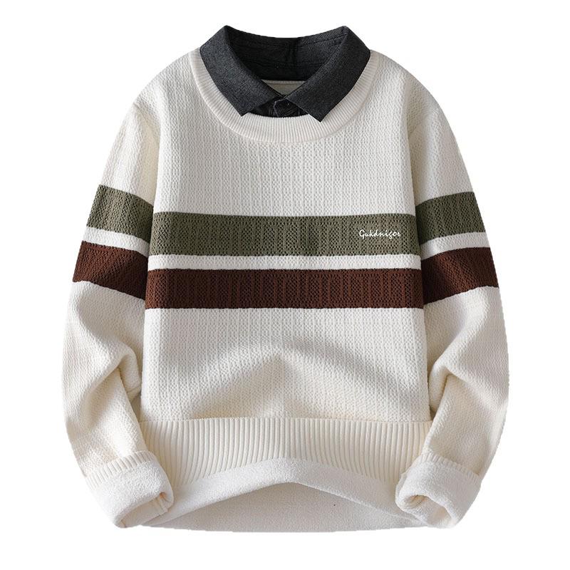 Стильный мужской свитер-обманка (двойка) с воротником-рубашкой, бархатной подкладкой и вязаной шерстью для осеннего и зимнего тепла