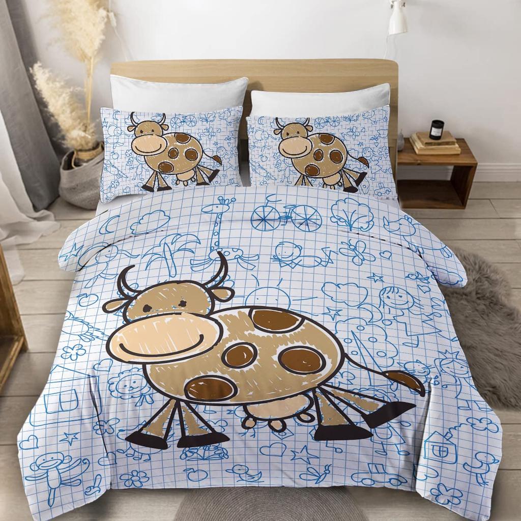 Farmer Cow Print Duvet Cover Set Oil Painting Cow Bedding Set Vintage Animals Dog Pig Chicken Printed Comforter Cover Full Size