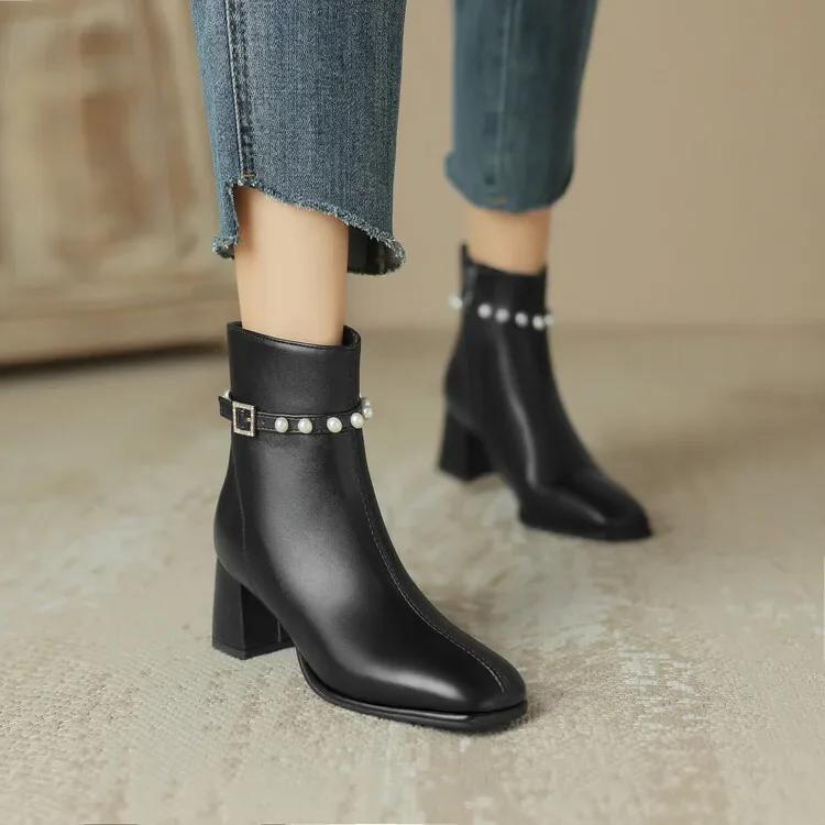 Autumn and Winter New Styles Fashion High Heels Women's Boots Sweet Pearl Square Head Zipper Square Heel Women Boots High