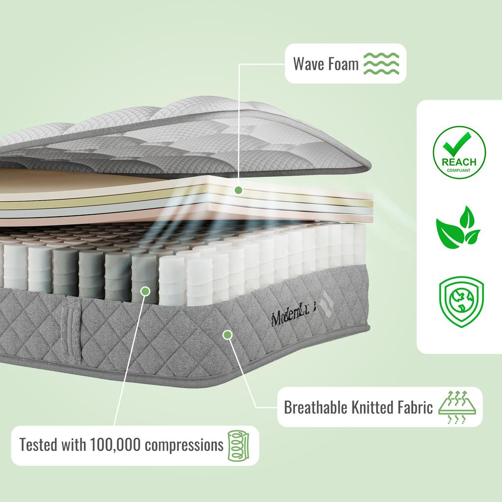 Upholstered Double Bed 140x200 cm, LED Lighting, Hydraulic Storage, L-Shaped Headboard Storage, Both Sides, Slatted, Linen, Grey (With Mattress)