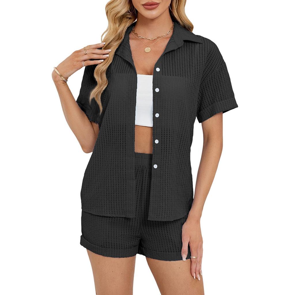 Женская повседневная однотонная рубашка с короткими рукавами, топы, шорты, домашняя одежда, комплект из двух предметов