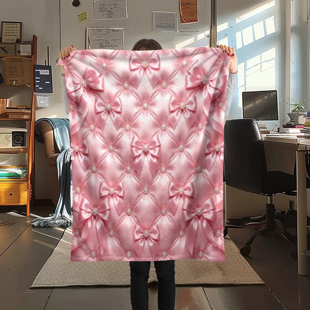 1Pc Pink Bow Print Flannel Blanket, High quality Comfortable for All Seasons, Home Decor, Warmth and Comfort, Perfect for Christmas Gifts W29