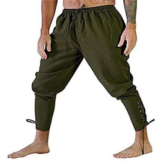 Men Pants Medieval Vikings Pirate Ankle-banded Strap Elastic Loose Waist Pleated Lace-up Solid Color Cropped Trousers Cosplay Performance Costume