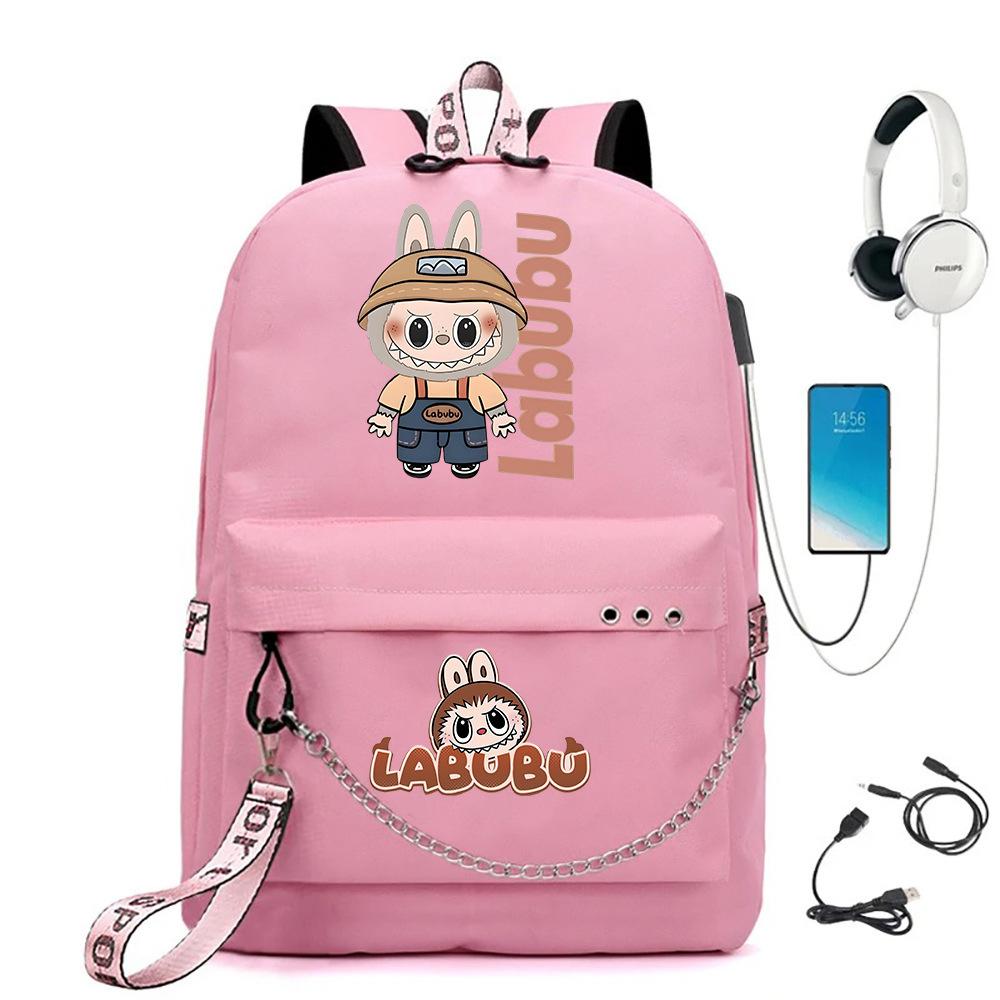 Labubu Printed Student Bag Iron Chain Trend Backpack Usb Bag