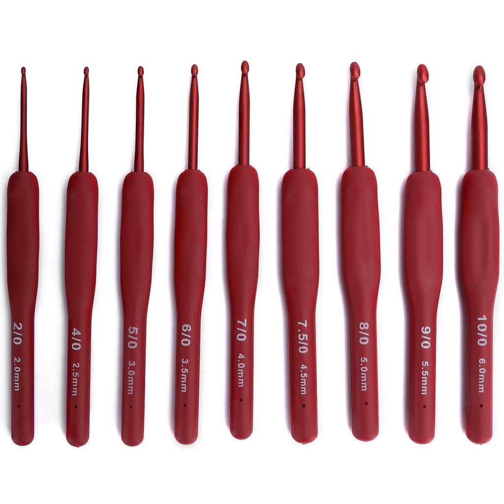 9Pcs Ergonomic Crochet Hook Sweater Sewing Thread Red Handle Craft Accessories Knitting Tools