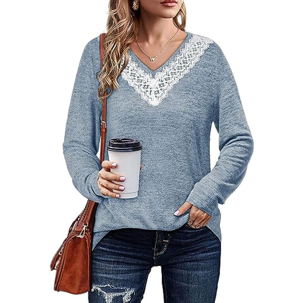Женская осенне-зимняя новая однотонная кружевная свободная футболка с v-образным вырезом и длинными рукавами, топ