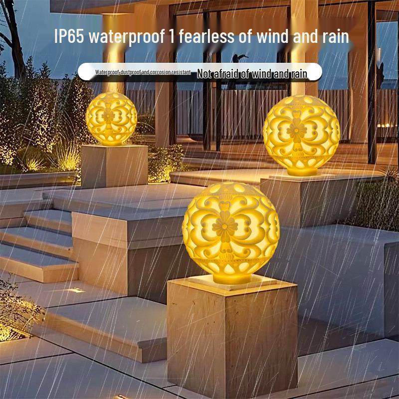 Carved Resin Solar Pillar and Fence Light for Garden or Courtyard