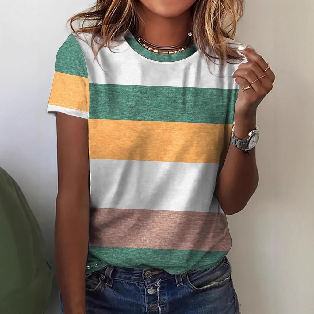 Женский клетчатый и полосатый топ с коротким рукавом и круглым вырезом большого размера - Желтый/Красный, Коллекция 2025