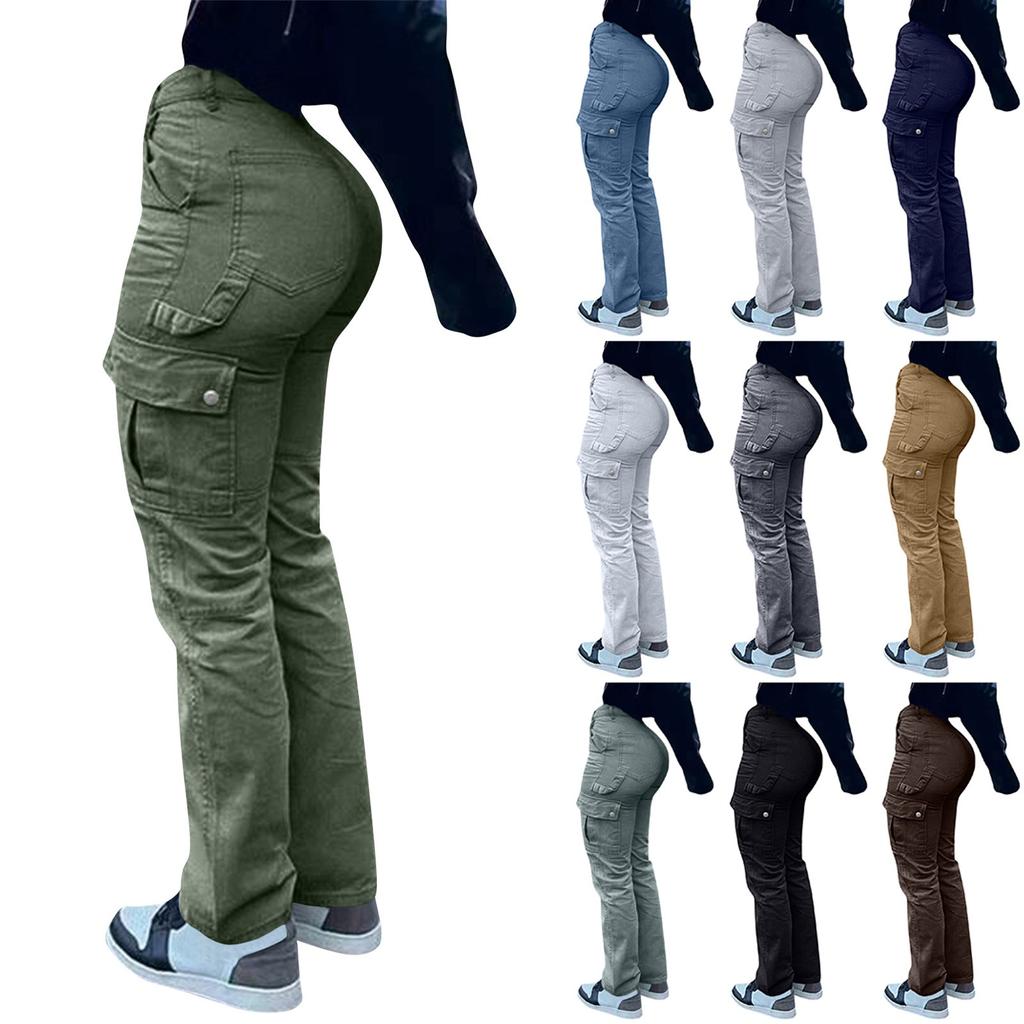 Women's Fashion Solid Color Hip Lifting Pants High Waist Multi Pocket Work Clothes Jeans
