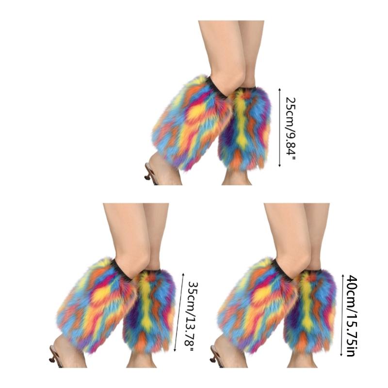 Womens Rainbow Colorful Furry Leg Warmers Autumn Winter Vintage Faux Fur Plush Boot Covers Cuffs Hipster Warm Socks