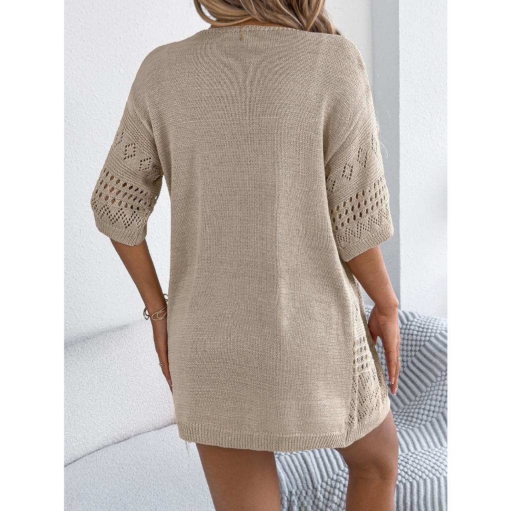 QICED Весенне-летний повседневный однотонный вязаный свитер с вырезами и рукавами средней длины, кардиган для отпуска, женская одежда